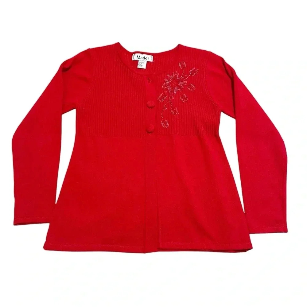 Red long sleeve button up cardigan with snowflake beaded embroidery size small - Picture 1 of 10